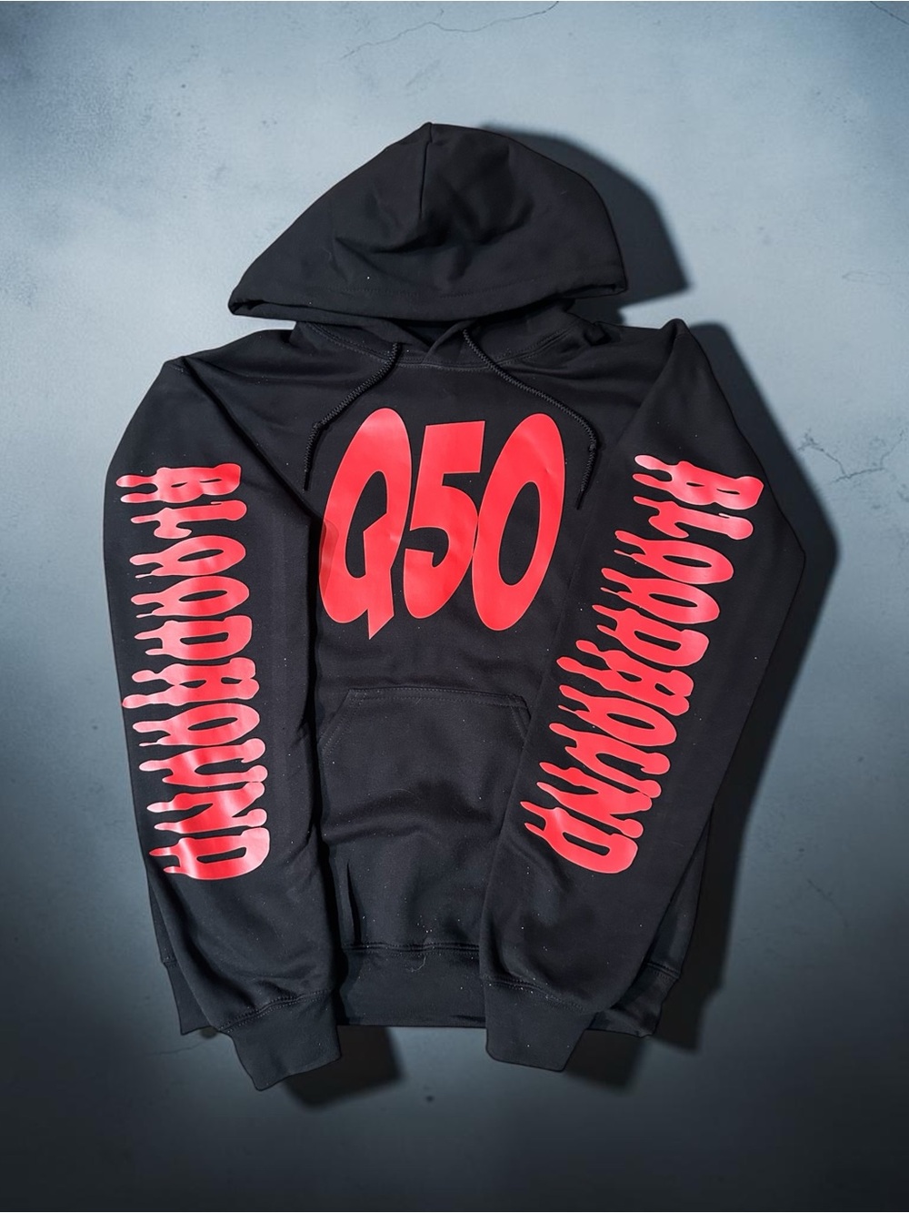 Gildan Black Pullover Hoodie with Red Q50 Sleeve Graphics